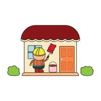 vector illustration of Hand drawn color children construction worker painting house