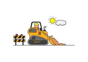 vector illustration of Hand drawn color children construction worker riding a bulldozer
