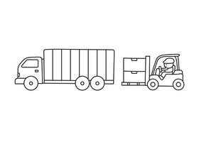 Hand drawn color children container truck and forklift machine vector