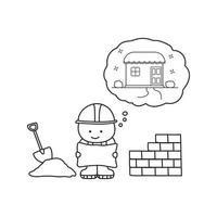 Hand drawn color children construction set of worker plan to build a house vector