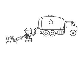 Hand drawn color children construction worker watering plants with water tank truck vector