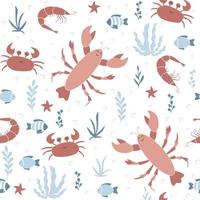 Cartoon lobsters, shrimps, with algae and starfish. Marine seamless pattern vector