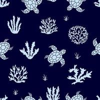 Seamless graphic pattern, sea life coral, turtle and seaweed vector