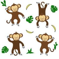 Cute funny monkeys colorful collection. Monkeya and bananas and tropical leaves vector