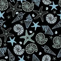 Hand-drawn seashells and stars collection. Colorful shells on a dark background. vector