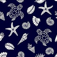 Turtles, starfish and seashells seamless pattern. vector