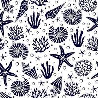 Seamless pattern with seashells algae, corals, starfish and bubbles vector