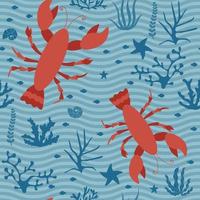 Seamless marine life pattern. Lobsters crabs seaweed coral shells vector