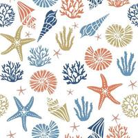 Seashells algae, corals and starfish seamless pattern vector