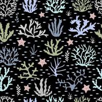 Seamless graphic seaweed, corals and starfish. Textile, wrapping paper design vector