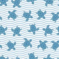 Seamless pattern of repeated blue turtle. Vector illustration on wave background