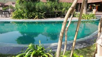 View of the pool with turquoise water at the hotel in Pushkar, India. Tourism and travel concept. Traveler lifestyle. Swimming pool on a hot sunny day, asia video