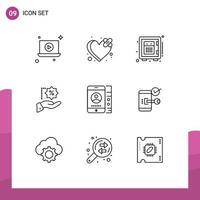 Set of 9 Vector Outlines on Grid for service lmobile money shopping precentage Editable Vector Design Elements