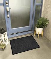 Designer Welcome Entry Doormat Placed Outside Entry Door with Plant and Lamp photo