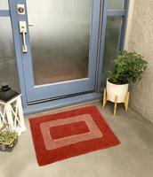 Designer Welcome Entry Doormat Placed Outside Entry Door with Plant and Lamp photo