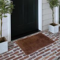 Designer Welcome Entry Doormat Placed on Solid Brick Floor Outside Entry Door with Plants photo