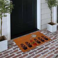 Designer Welcome Entry Doormat Placed on Solid Brick Floor Outside Entry Door with Plants photo