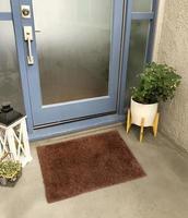 Designer Welcome Entry Doormat Placed Outside Entry Door with Plant and Lamp photo