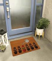 Designer Welcome Entry Doormat Placed Outside Entry Door with Plant and Lamp photo