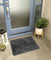 Designer Welcome Entry Doormat Placed Outside Entry Door with Plant and Lamp photo