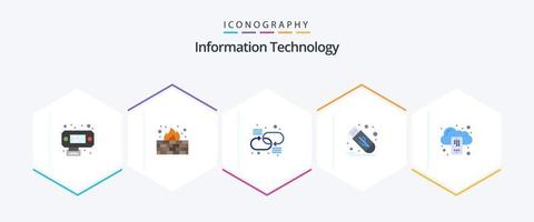 tecnología de la información 25 paquete de iconos planos que incluye móvil. respaldo. conexión. USB. destello vector