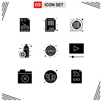 9 User Interface Solid Glyph Pack of modern Signs and Symbols of juice diet workforce bottle sprint Editable Vector Design Elements