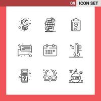 Pack of 9 Modern Outlines Signs and Symbols for Web Print Media such as message conversation web chat progress Editable Vector Design Elements