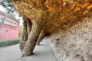 The Laundry Room Portico in Park Guell in Barcelona, Spain. It is a public park system composed of gardens and architectonic elements located on Carmel Hill, in Barcelona, Catalonia. photo