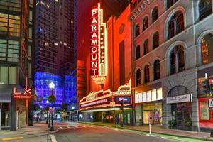 Boston, Massachusetts - Nov 27, 2020 -  The Paramount Theater, along Washington Street in Boston, Massachusetts at night. The Paramount is a performing arts facility in Boston. photo