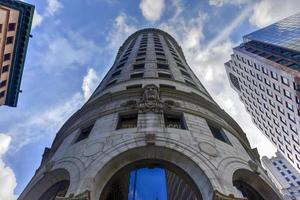Upward view at the Turk's Head Building. It is a 16-story office high-rise in Providence, Rhode Island. Completed in 1913, the building is one of the oldest skyscrapers in Providence, 2022 photo
