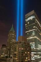 Aerial view of the Tribute in Light - September 11th lights from downtown Manhattan, New York City, 2022 photo