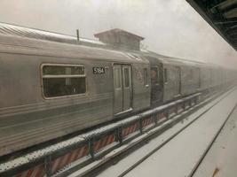 Brooklyn, New York - January 4, 2018 -  NYC Subway train stalled outdoors during a winter storm. photo