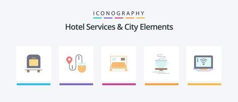 Hotel Services And City Elements Flat 5 Icon Pack Including computer. hotel. hotel . hot. tea. Creative Icons Design vector