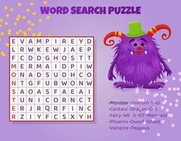 Word search puzzle with mythical animals. Magical creatures. Education game for children. Learning English language. Cartoon spelling puzzle. Test for kids Crossword book. Vector illustration.