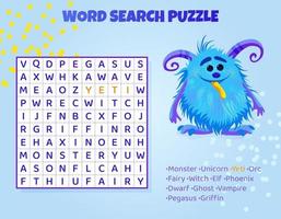 Word search puzzle with mythical animals. Magical creatures. Education game for children. Learning English language. Cartoon spelling puzzle. Test for kids Crossword book. Vector illustration.