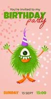 invitation card to Birthday party template with cute cartoon Monster. Invitation for kids. Vector illustration