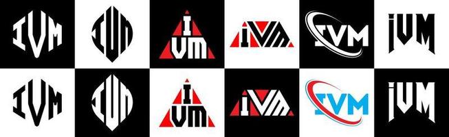 IVM letter logo design in six style. IVM polygon, circle, triangle, hexagon, flat and simple style with black and white color variation letter logo set in one artboard. IVM minimalist and classic logo vector