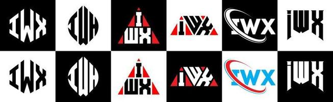 IWX letter logo design in six style. IWX polygon, circle, triangle, hexagon, flat and simple style with black and white color variation letter logo set in one artboard. IWX minimalist and classic logo vector