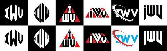 diseño de logotipo de letra iwv en seis estilos. polígono iwv, círculo, triángulo, hexágono, estilo plano y simple con logotipo de letra de variación de color blanco y negro en una mesa de trabajo. logotipo minimalista y clásico de iwv vector