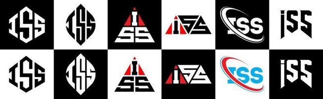 diseño del logotipo de la letra iss en seis estilos. iss polígono, círculo, triángulo, hexágono, estilo plano y simple con logotipo de letra de variación de color blanco y negro en una mesa de trabajo. iss logotipo minimalista y clásico vector