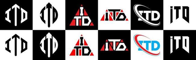 ITD letter logo design in six style. ITD polygon, circle, triangle, hexagon, flat and simple style with black and white color variation letter logo set in one artboard. ITD minimalist and classic logo vector