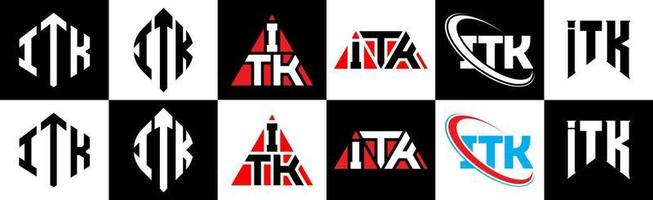 ITK letter logo design in six style. ITK polygon, circle, triangle, hexagon, flat and simple style with black and white color variation letter logo set in one artboard. ITK minimalist and classic logo vector