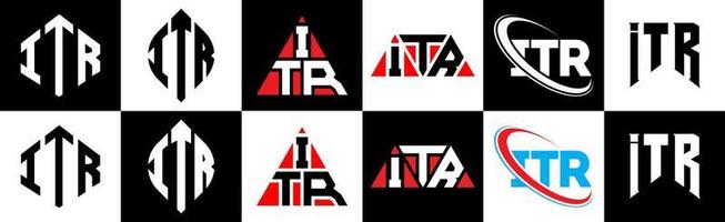 diseño de logotipo de letra itr en seis estilos. itr polígono, círculo, triángulo, hexágono, estilo plano y simple con logotipo de letra de variación de color blanco y negro en una mesa de trabajo. logotipo minimalista y clásico de itr vector