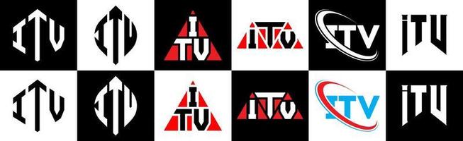 diseño de logotipo de letra itv en seis estilos. itv polígono, círculo, triángulo, hexágono, estilo plano y simple con logotipo de letra de variación de color blanco y negro en una mesa de trabajo. logotipo minimalista y clásico de itv vector