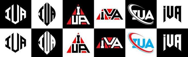IUA letter logo design in six style. IUA polygon, circle, triangle, hexagon, flat and simple style with black and white color variation letter logo set in one artboard. IUA minimalist and classic logo vector