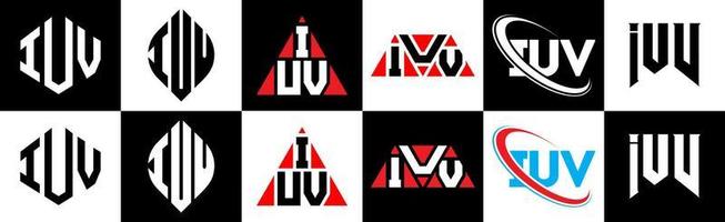 IUV letter logo design in six style. IUV polygon, circle, triangle, hexagon, flat and simple style with black and white color variation letter logo set in one artboard. IUV minimalist and classic logo vector