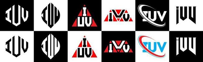 diseño de logotipo de letra iuv en seis estilos. polígono iuv, círculo, triángulo, hexágono, estilo plano y simple con logotipo de letra de variación de color blanco y negro en una mesa de trabajo. logotipo minimalista y clásico iuv vector