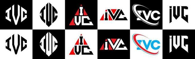IVC letter logo design in six style. IVC polygon, circle, triangle, hexagon, flat and simple style with black and white color variation letter logo set in one artboard. IVC minimalist and classic logo vector