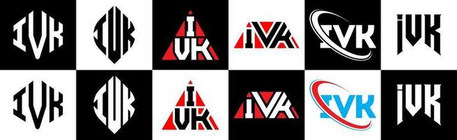 IVK letter logo design in six style. IVK polygon, circle, triangle, hexagon, flat and simple style with black and white color variation letter logo set in one artboard. IVK minimalist and classic logo vector