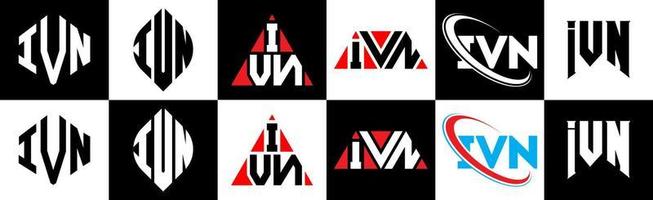 IVN letter logo design in six style. IVN polygon, circle, triangle, hexagon, flat and simple style with black and white color variation letter logo set in one artboard. IVN minimalist and classic logo vector